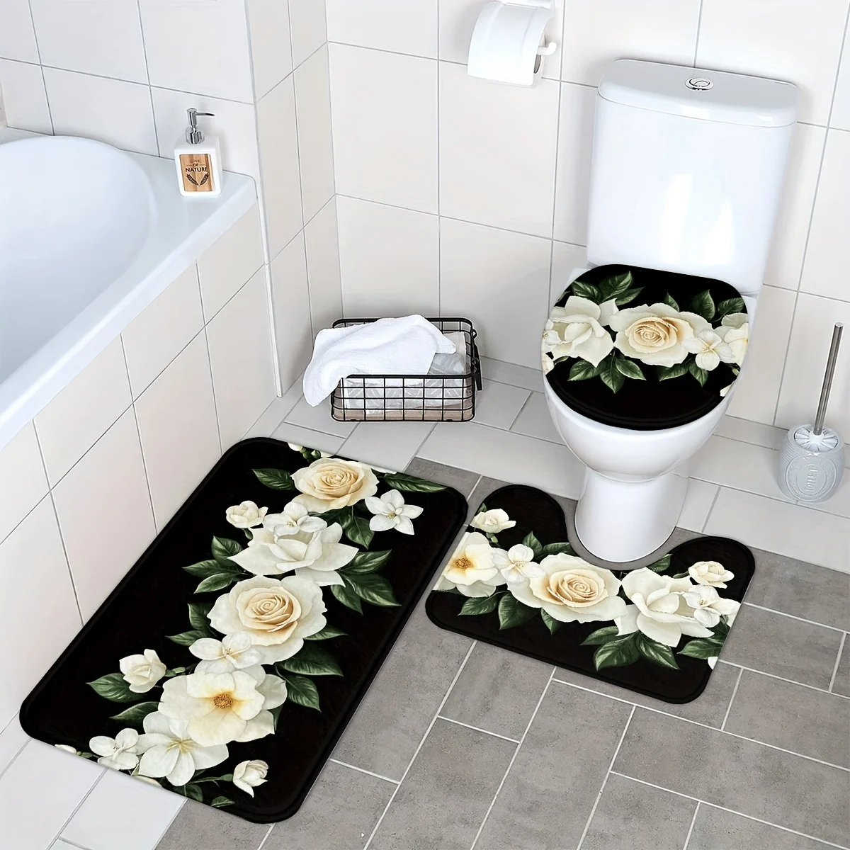 3-Piece Rose Valentine Bathroom Set - Machine Washable Polyester with Toilet Seat, U-Shaped Seat and Non-Slip Mat - Image 2