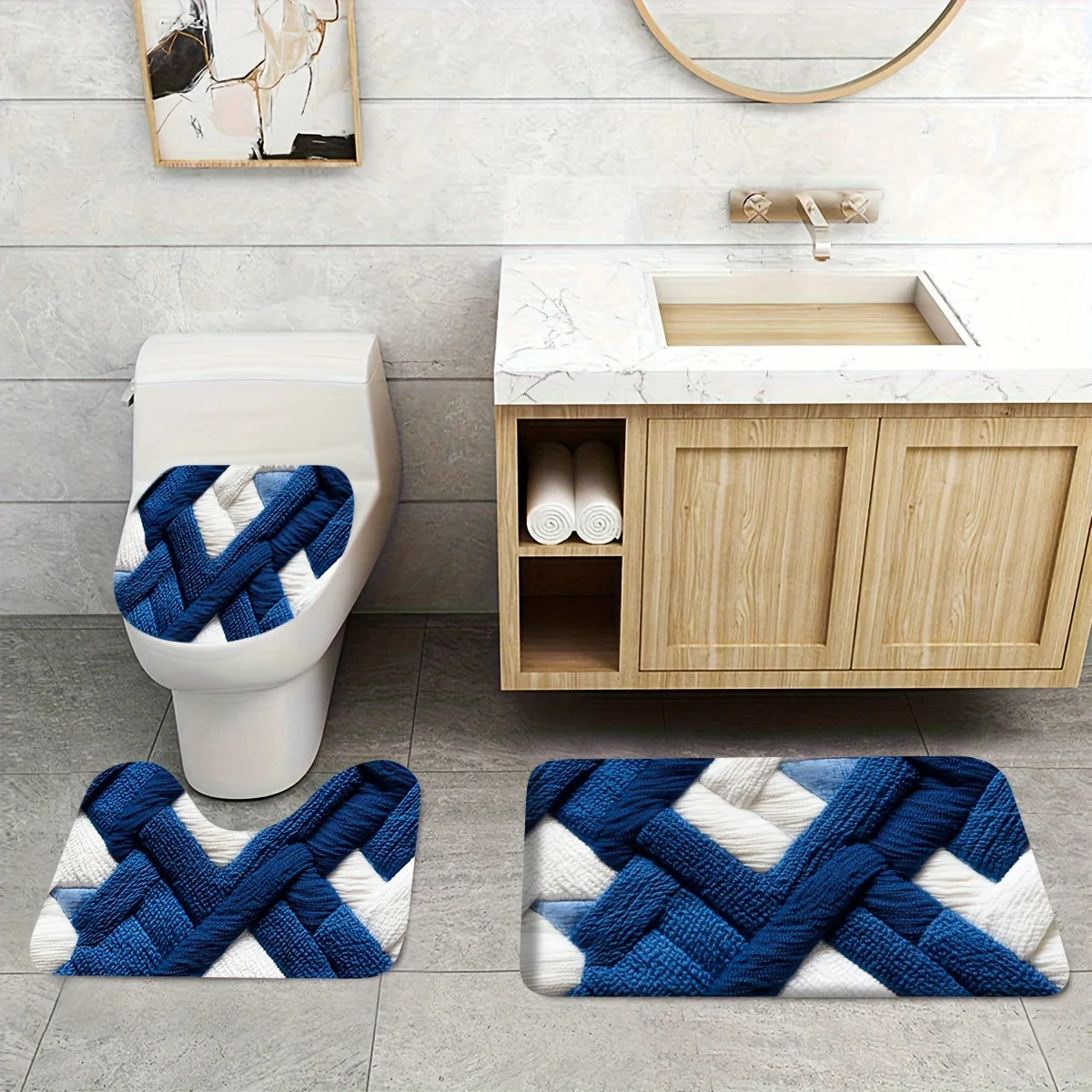 3pcs Blue Geometric Bath Mat Set - Non-Slip Flannel Rug & Pad for Modern Bathroom Decor & All-Season Style