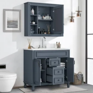 36" Bathroom Vanity with Integrated Resin Sink and Mirror Cabinet, Freestanding Single Basin Vanity Set with Storage Shelves Dra