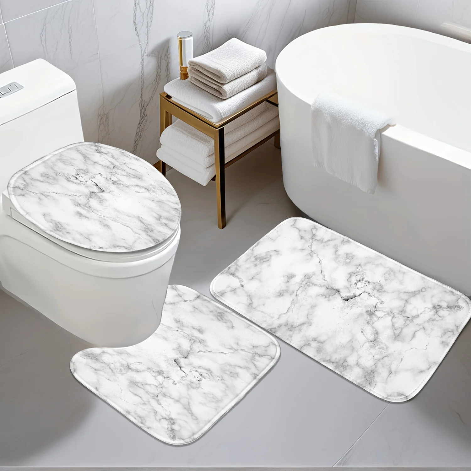 3-Piece Marble Print Bathroom Set - White and Gray, Machine Washable, Non-Slip Mat, Toilet Seat U-Shaped Mat, Polyester Fabric - Image 4