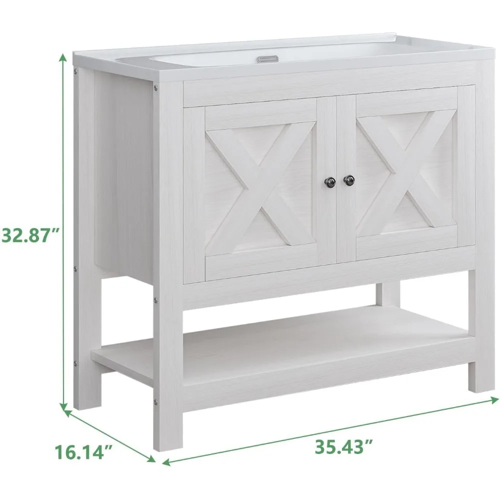 Farmhouse Bathroom Vanity with Sink, 35 Inch Bathroom Vanity Cabinet, Freestanding Vanity, 2 Doors and Open Shelf, Bathroom Cab - Image 2