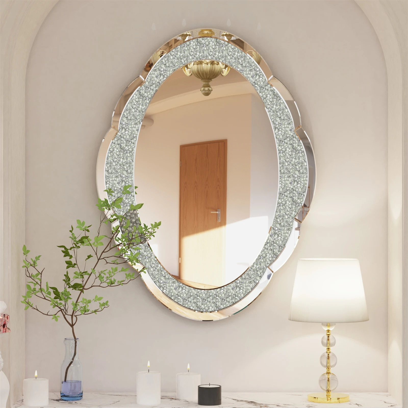 Decor Wall Mirror Arch Crystal Crushed Diamonds Vanity Accent Mirror 600x800mm for Entryway Hallway, Bedroom,Hotel Wall Decor - Image 2