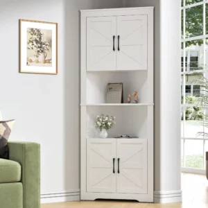 Corner Cabinet 67” Tall, Farmhouse Corner Cabinet with Doors and 5 Shelves, Bathroom Cabinet Organizer Home Space Saver for Kitc