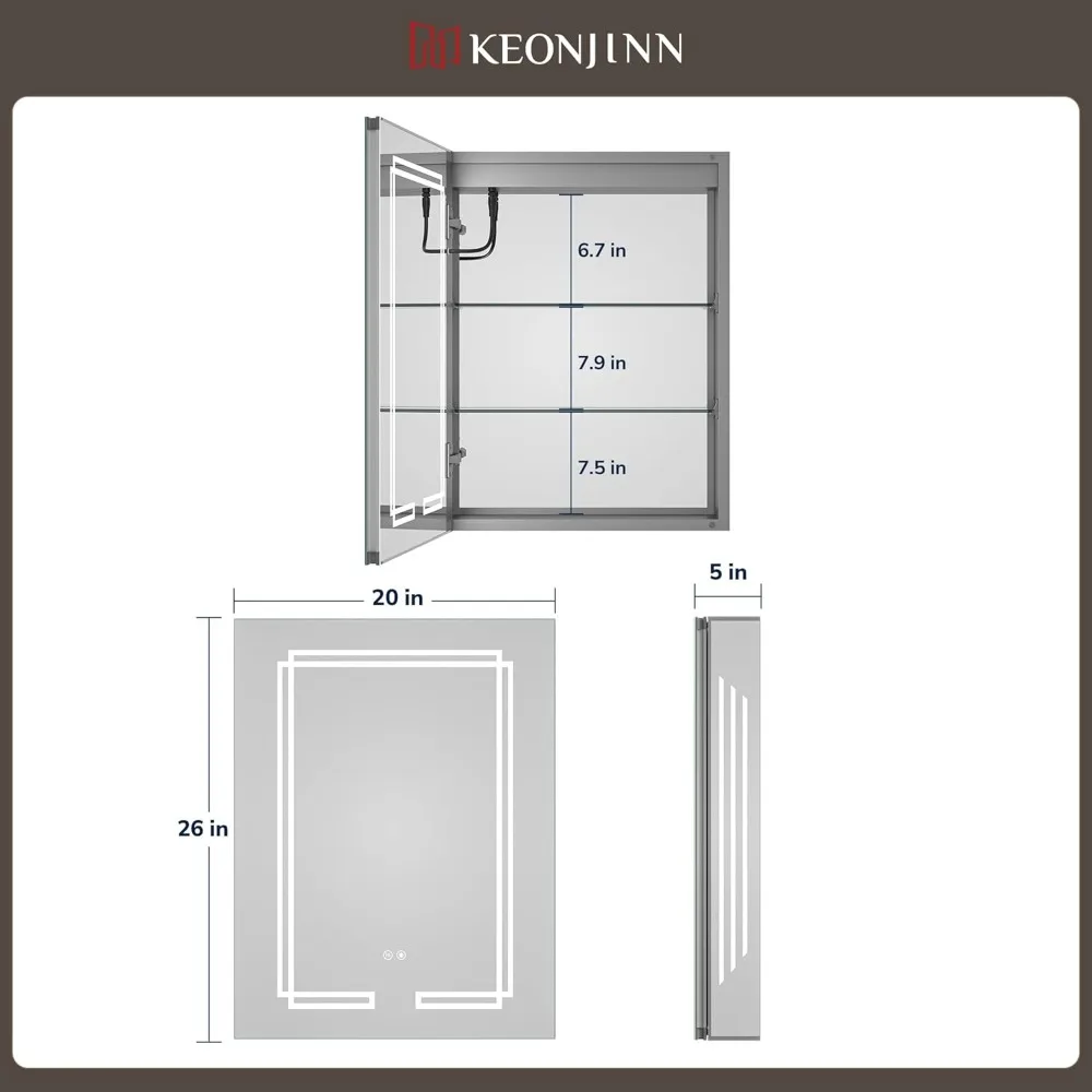 20 x 26 Inch Lighted Medicine Cabinet, Bathroom Medicine Cabinet with LED Mirror, Adjustable Shelves, Tempered Glass, UL-Listed - Image 2