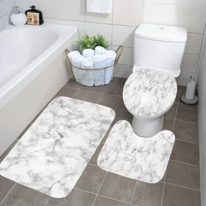 3-Piece Marble Print Bathroom Set - White and Gray, Machine Washable, Non-Slip Mat, Toilet Seat U-Shaped Mat, Polyester Fabric