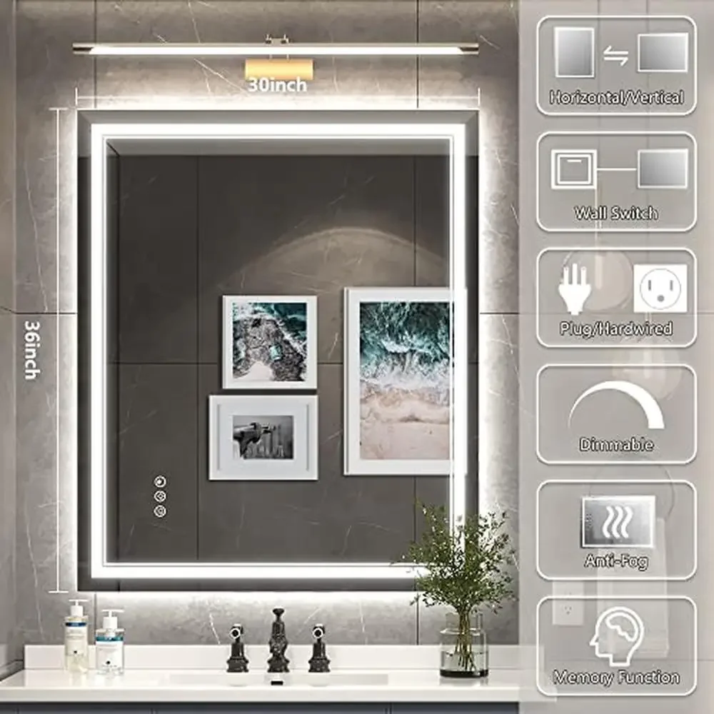 36x30 Inch LED Mirror Bathroom Anti-Fog Dimmable Front Light Backlit Waterproof Aluminum Glass Frame Tempered Shatter-Proof - Image 3