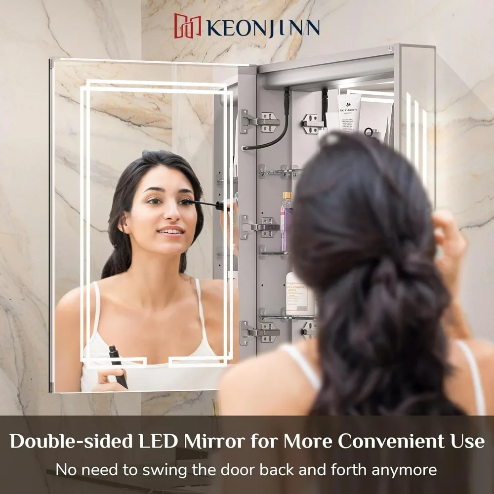 20 x 26 Inch Lighted Medicine Cabinet, Bathroom Medicine Cabinet with LED Mirror, Adjustable Shelves, Tempered Glass, UL-Listed - Image 3