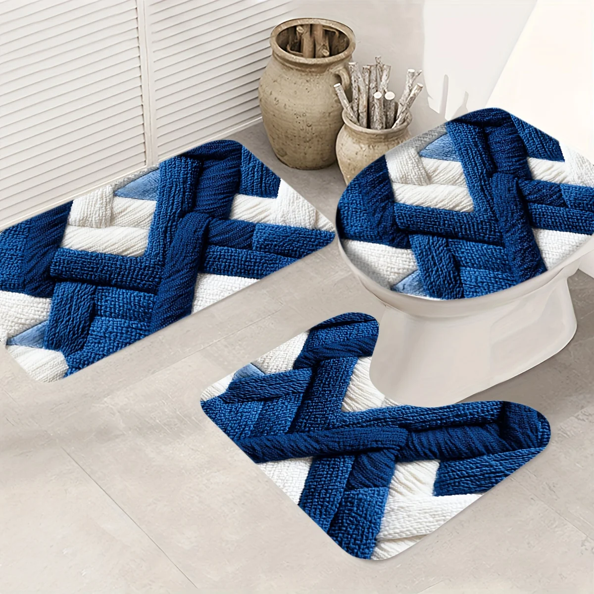 3pcs Blue Geometric Bath Mat Set - Non-Slip Flannel Rug & Pad for Modern Bathroom Decor & All-Season Style - Image 5