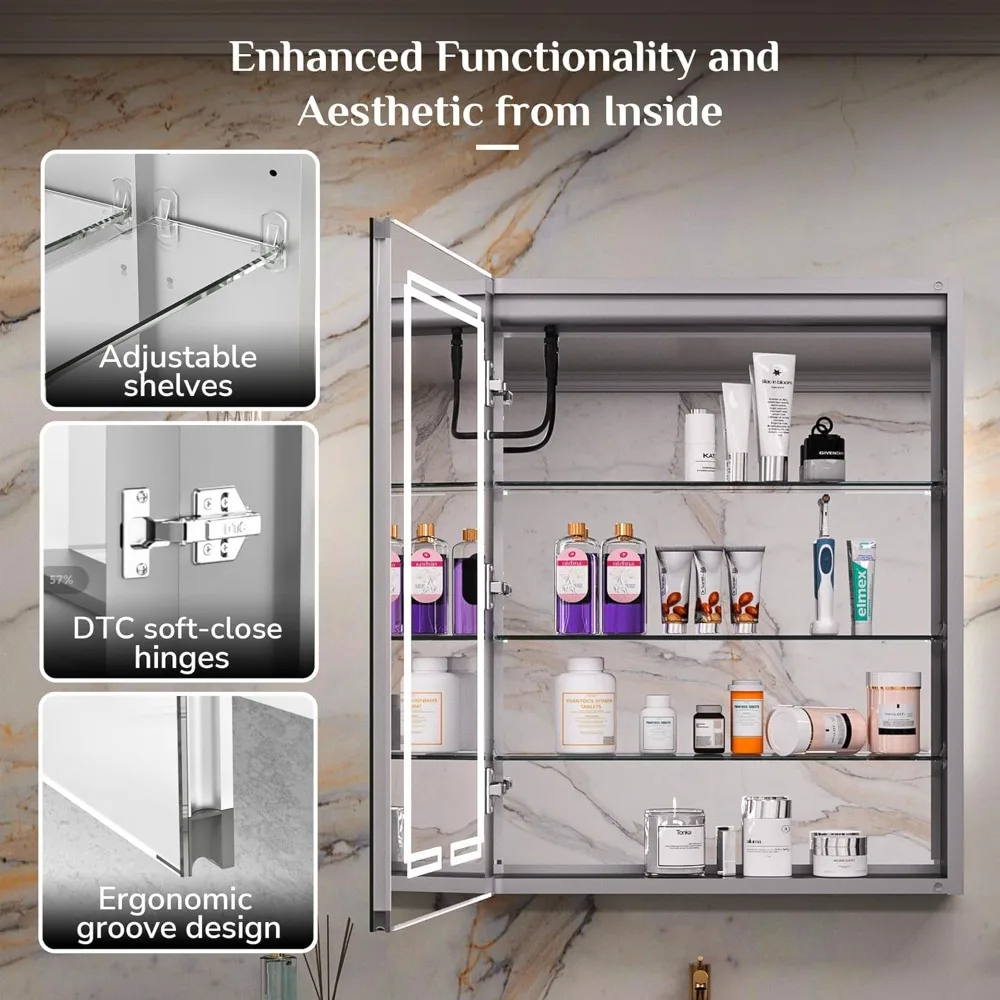 20 x 26 Inch Lighted Medicine Cabinet, Bathroom Medicine Cabinet with LED Mirror, Adjustable Shelves, Tempered Glass, UL-Listed - Image 6