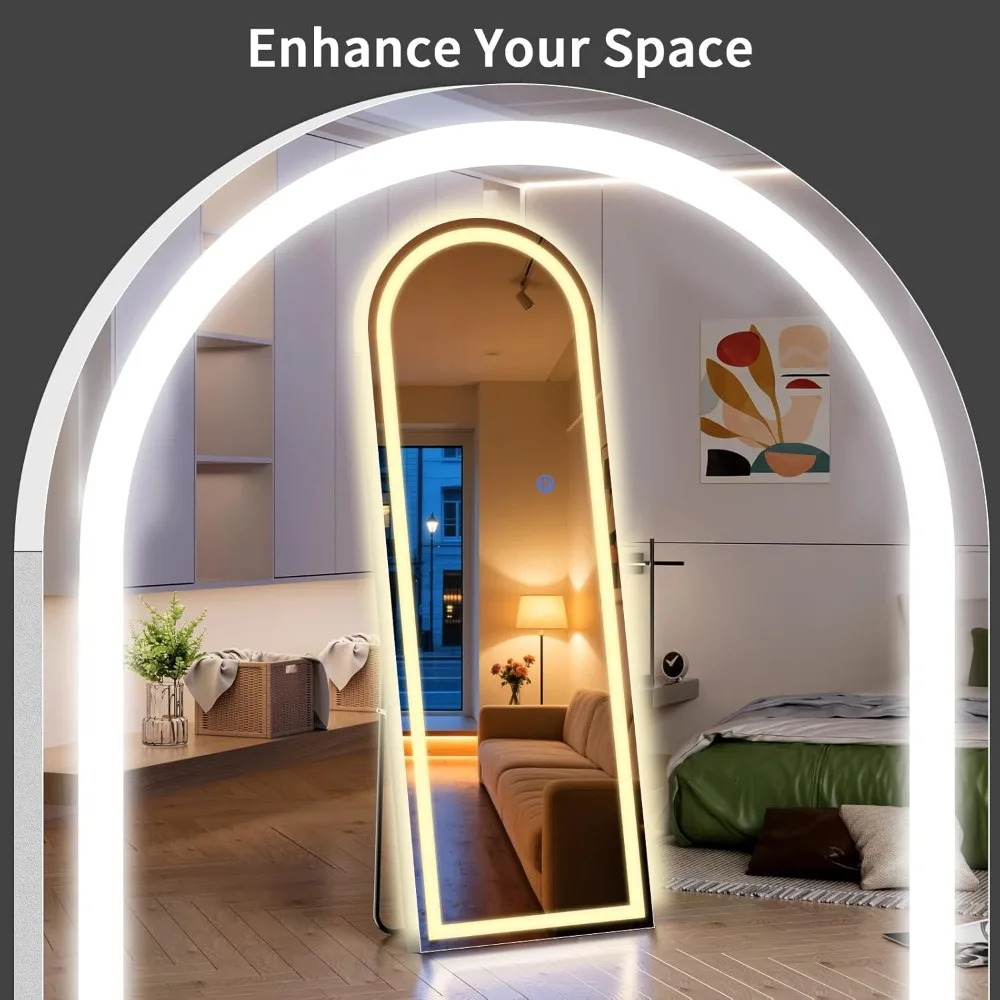 Arch Full Length Standing Mirror with LED Lights, 65"x26" Lighted Mirror with Dimming & 3 Color Lighting, Tall Mirror Full Body - Image 2