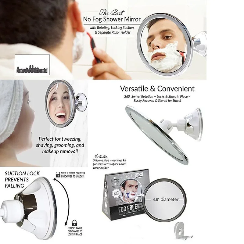 Fogless Makeup Mirror With Holder Suction Cup 360 Rotation Shower Shave Round Mirrors Bathroom Mirrors Washroom Fog Free New - Image 3