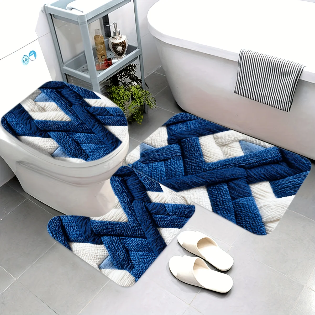 3pcs Blue Geometric Bath Mat Set - Non-Slip Flannel Rug & Pad for Modern Bathroom Decor & All-Season Style - Image 3