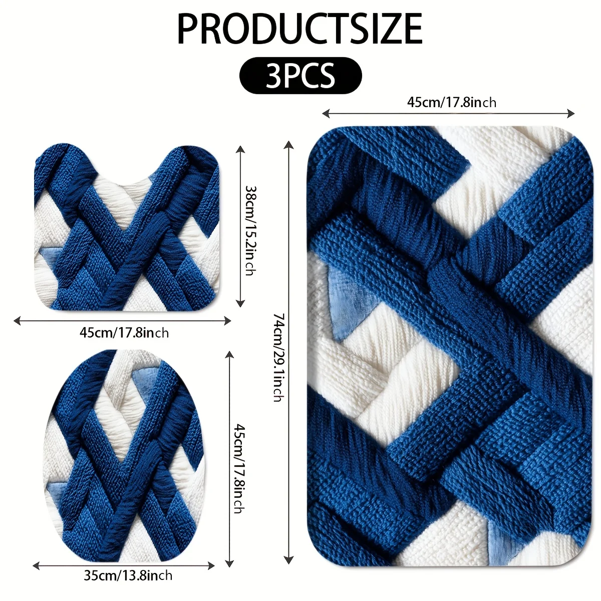 3pcs Blue Geometric Bath Mat Set - Non-Slip Flannel Rug & Pad for Modern Bathroom Decor & All-Season Style - Image 2