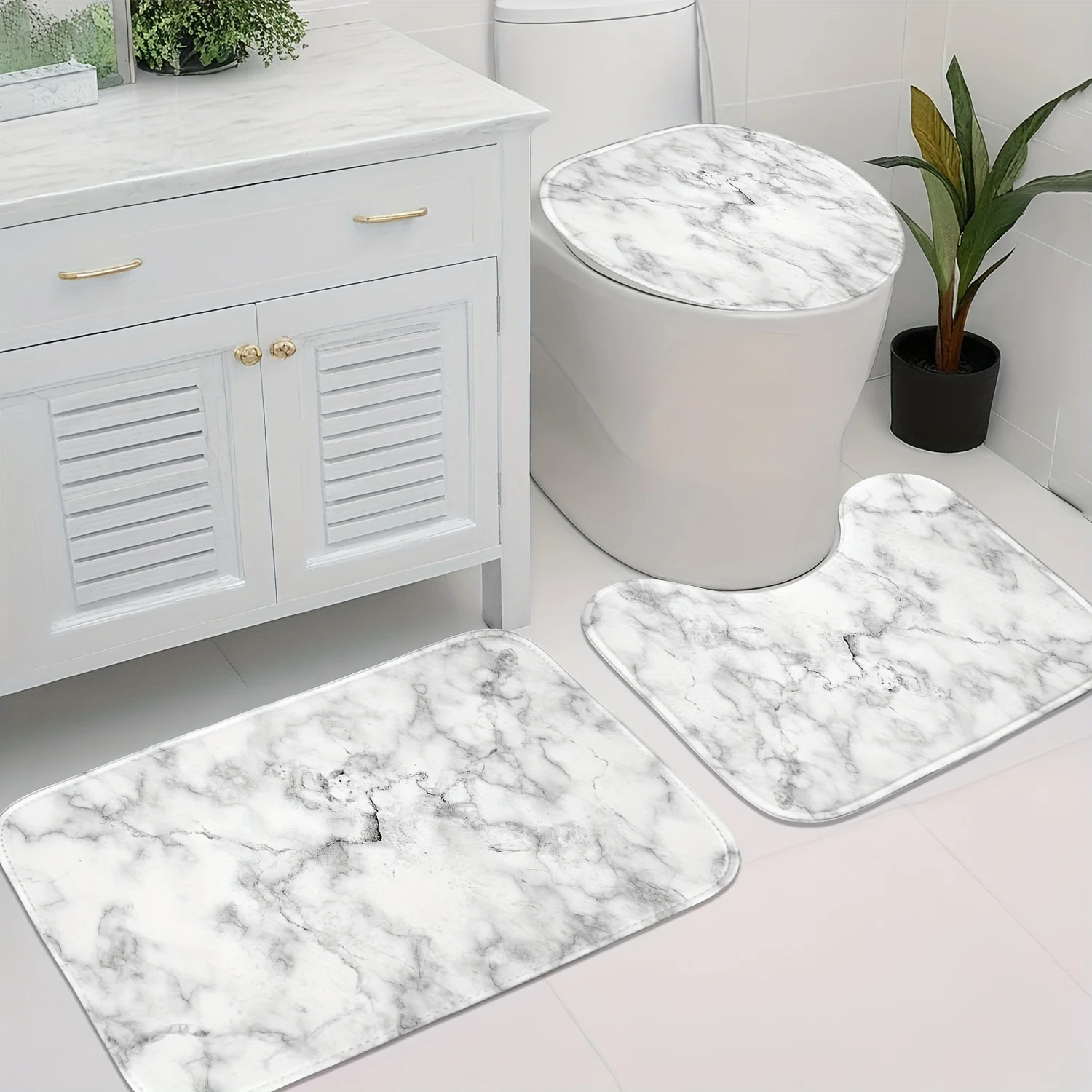 3-Piece Marble Print Bathroom Set - White and Gray, Machine Washable, Non-Slip Mat, Toilet Seat U-Shaped Mat, Polyester Fabric - Image 3