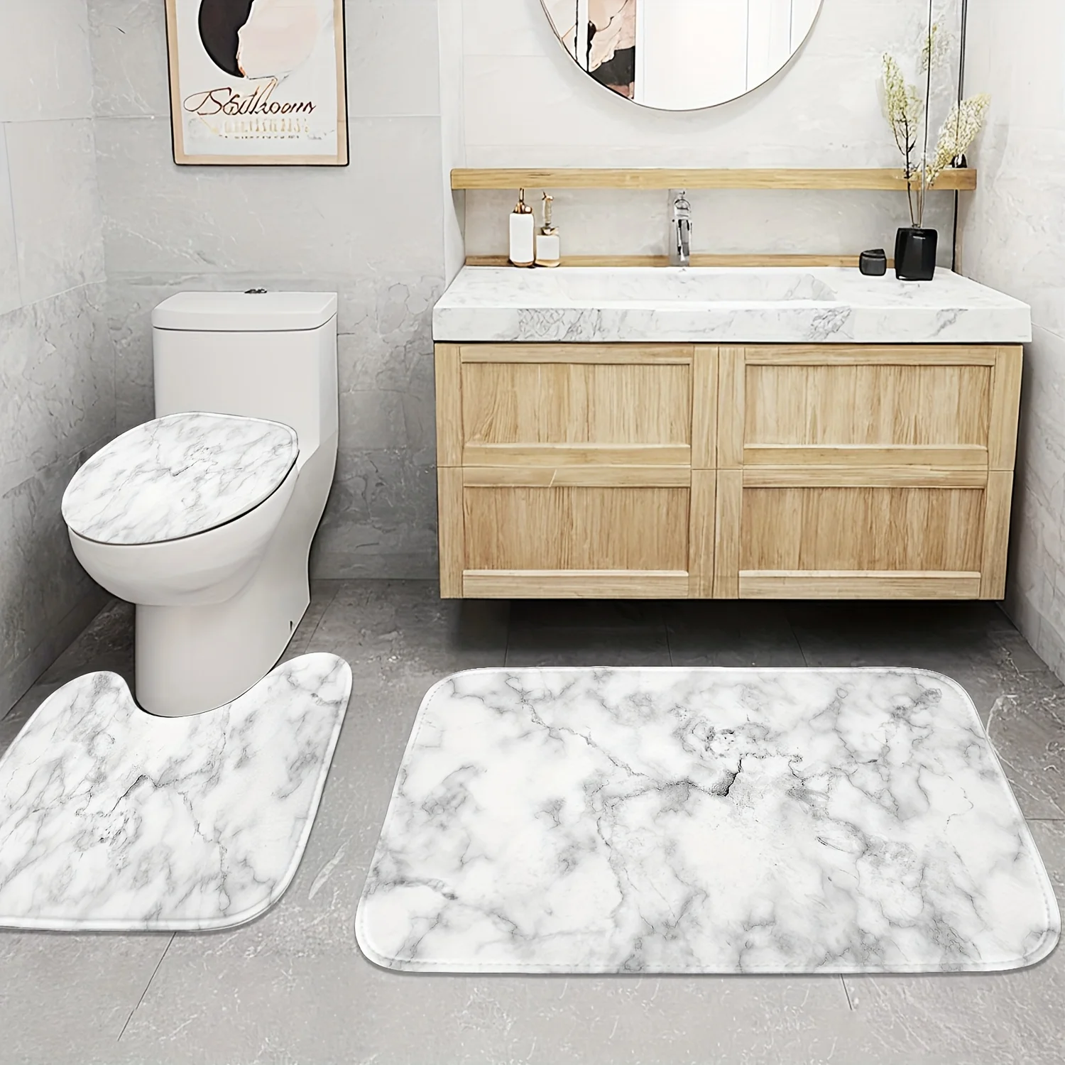 3-Piece Marble Print Bathroom Set - White and Gray, Machine Washable, Non-Slip Mat, Toilet Seat U-Shaped Mat, Polyester Fabric - Image 2