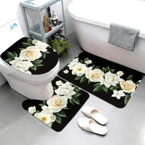 3-Piece Rose Valentine Bathroom Set - Machine Washable Polyester with Toilet Seat, U-Shaped Seat and Non-Slip Mat