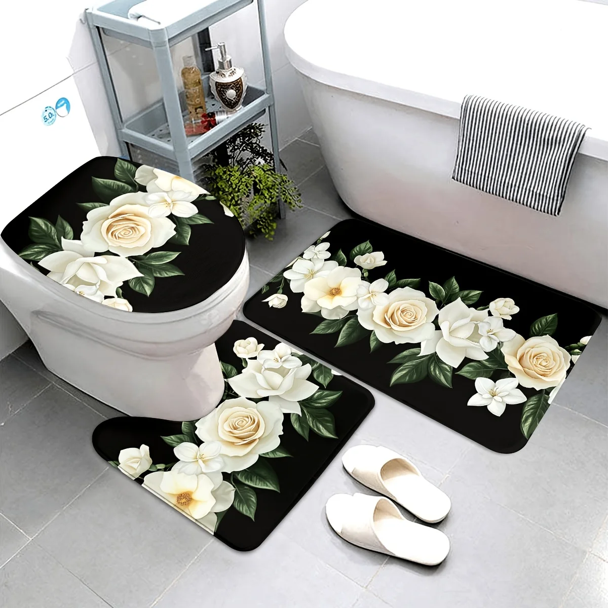 3-Piece Rose Valentine Bathroom Set - Machine Washable Polyester with Toilet Seat, U-Shaped Seat and Non-Slip Mat