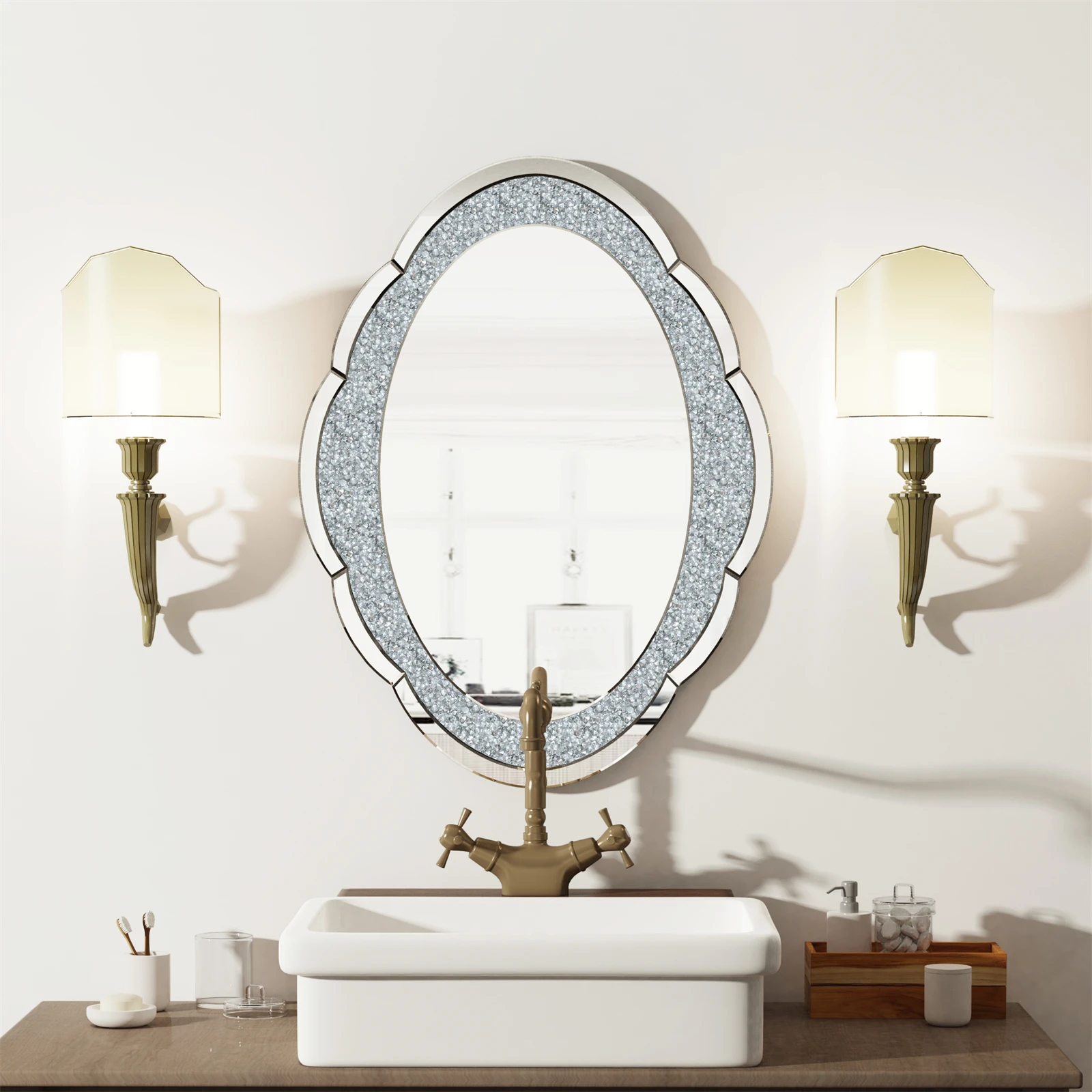 Decor Wall Mirror Arch Crystal Crushed Diamonds Vanity Accent Mirror 600x800mm for Entryway Hallway, Bedroom,Hotel Wall Decor - Image 3