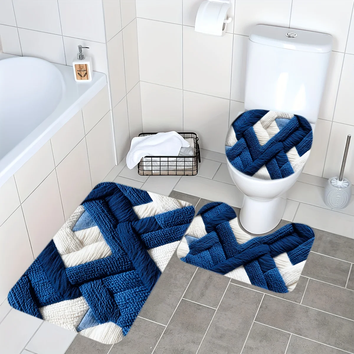 3pcs Blue Geometric Bath Mat Set - Non-Slip Flannel Rug & Pad for Modern Bathroom Decor & All-Season Style - Image 4