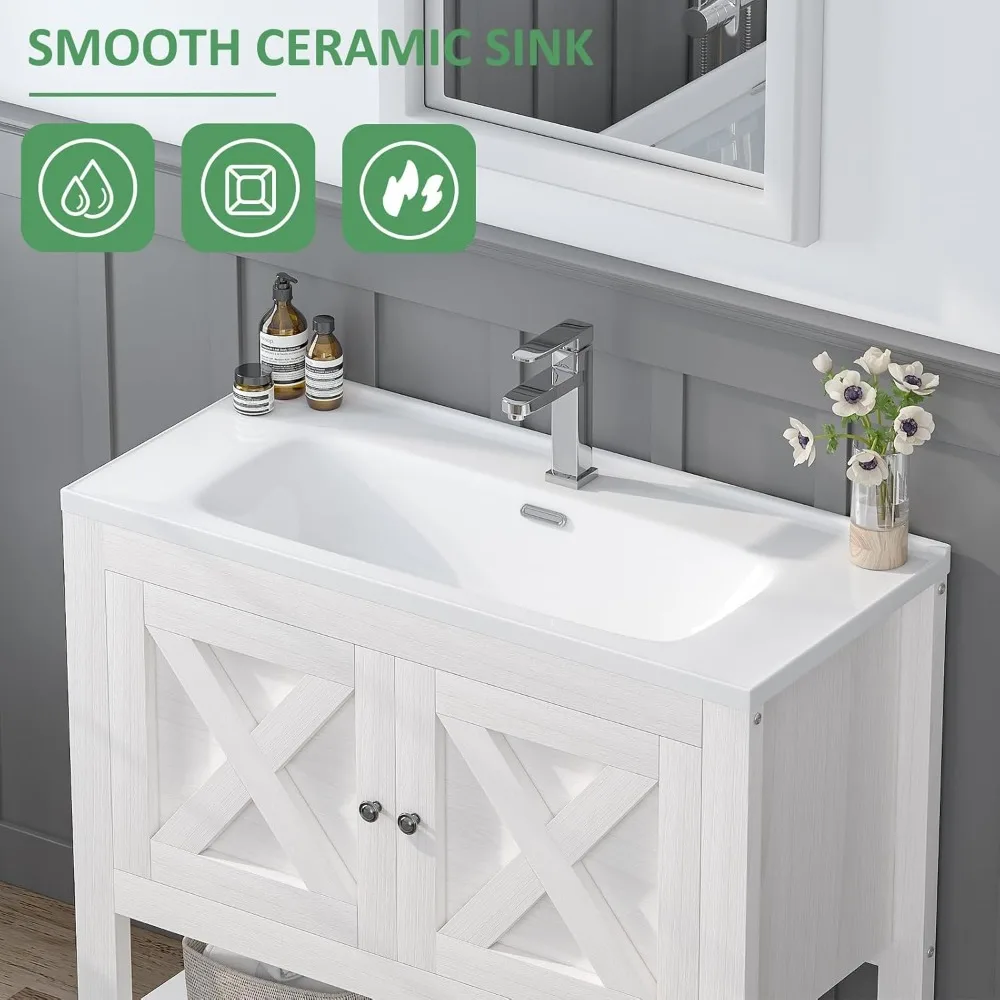 Farmhouse Bathroom Vanity with Sink, 35 Inch Bathroom Vanity Cabinet, Freestanding Vanity, 2 Doors and Open Shelf, Bathroom Cab - Image 6