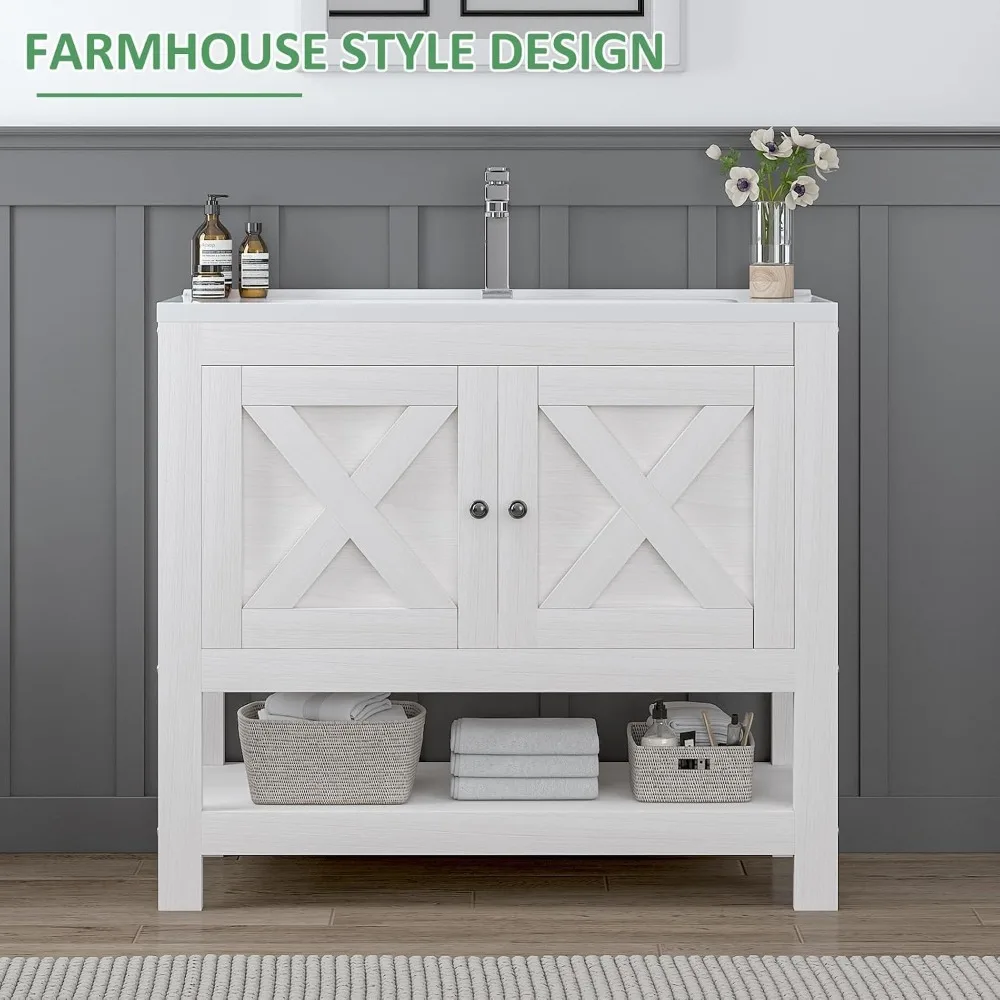 Farmhouse Bathroom Vanity with Sink, 35 Inch Bathroom Vanity Cabinet, Freestanding Vanity, 2 Doors and Open Shelf, Bathroom Cab - Image 5