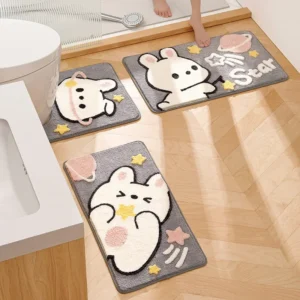 Cute Cartoon Rabbit Bath Mat Set High Quality Flocking Bathroom Non-slip Absorbent Bathroom Rug Shower Room Door Mat Carpet