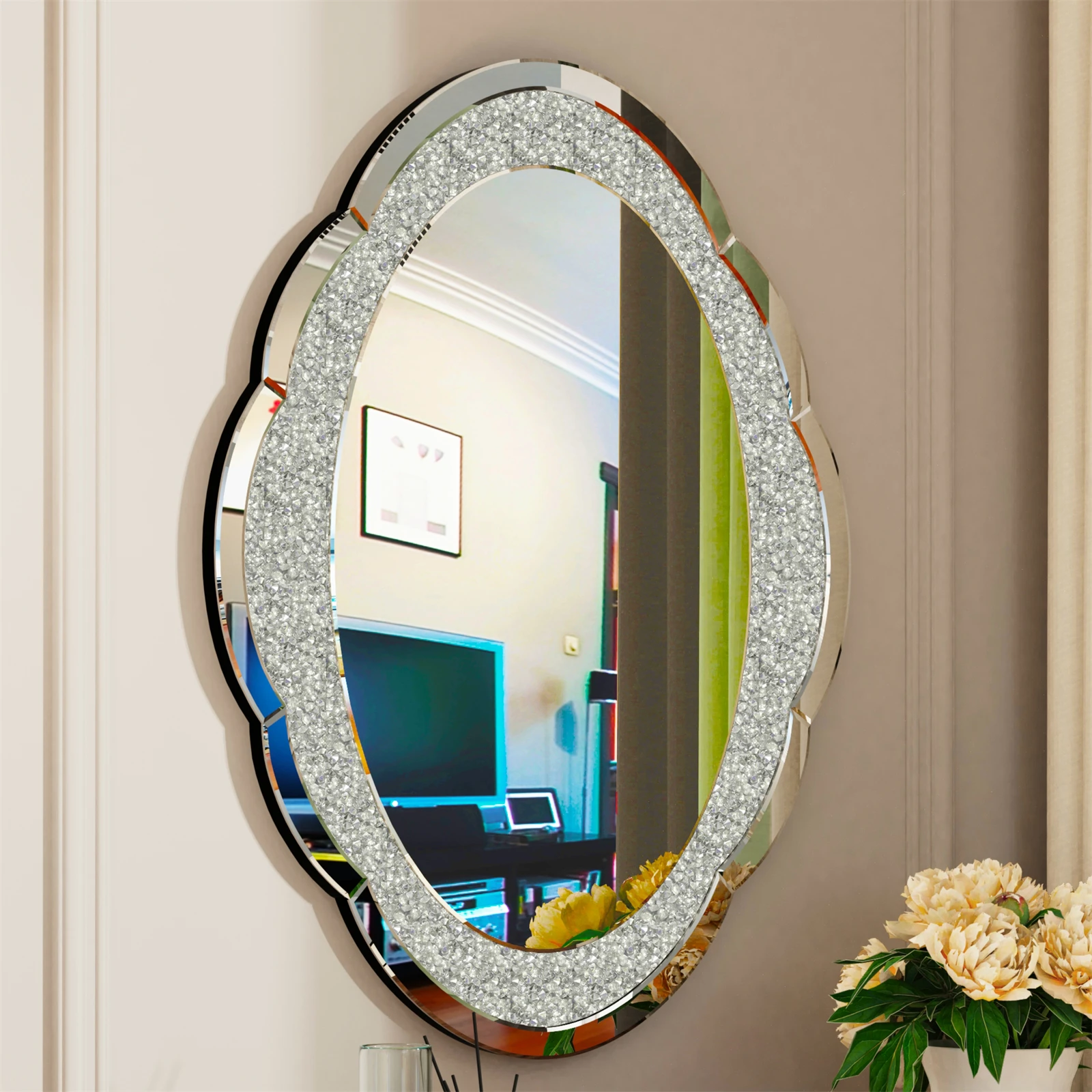 Decor Wall Mirror Arch Crystal Crushed Diamonds Vanity Accent Mirror 600x800mm for Entryway Hallway, Bedroom,Hotel Wall Decor