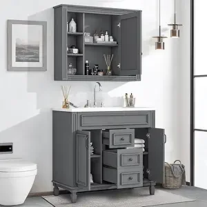 36" Bathroom Vanity with Integrated Resin Sink and Mirror Cabinet, Freestanding Single Basin Vanity Set with Storage Shelves Dra - Image 7