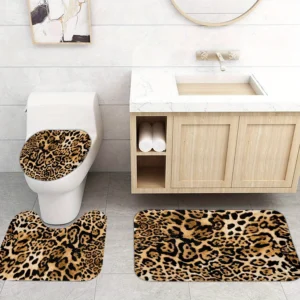 3pcs Safari Leopard Print Bath Mat Set - Non-Slip Wild Theme Rug & Toilet Pads for Jungle Bathroom Decor & Festive Style