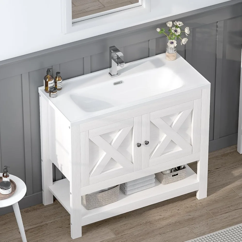 Farmhouse Bathroom Vanity with Sink, 35 Inch Bathroom Vanity Cabinet, Freestanding Vanity, 2 Doors and Open Shelf, Bathroom Cab - Image 4