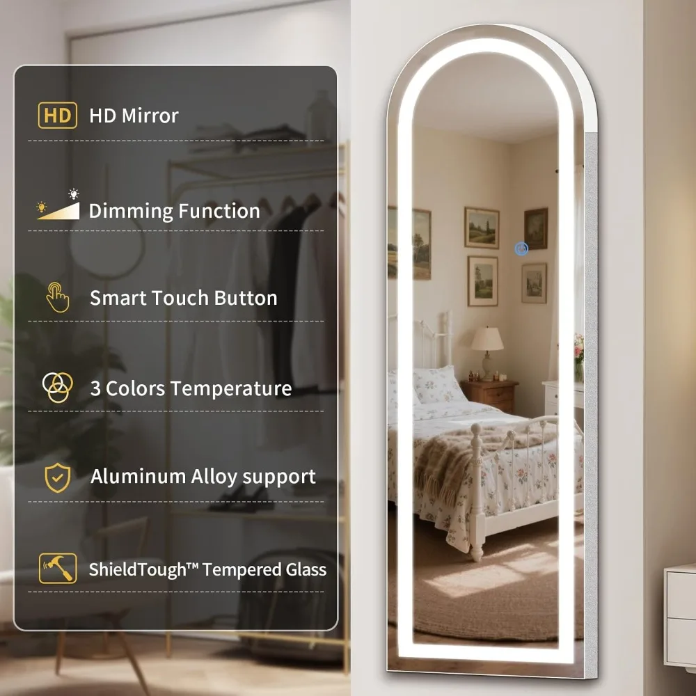 Arch Full Length Standing Mirror with LED Lights, 65"x26" Lighted Mirror with Dimming & 3 Color Lighting, Tall Mirror Full Body - Image 6
