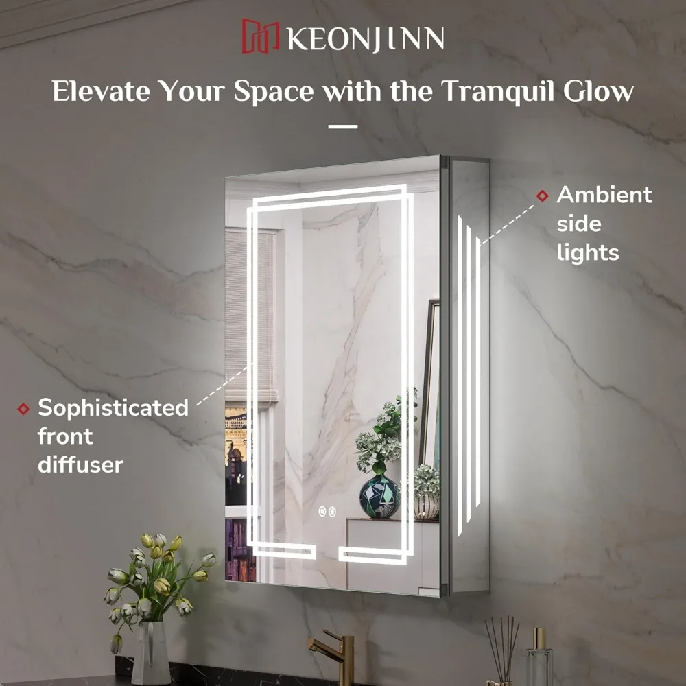20 x 26 Inch Lighted Medicine Cabinet, Bathroom Medicine Cabinet with LED Mirror, Adjustable Shelves, Tempered Glass, UL-Listed - Image 4