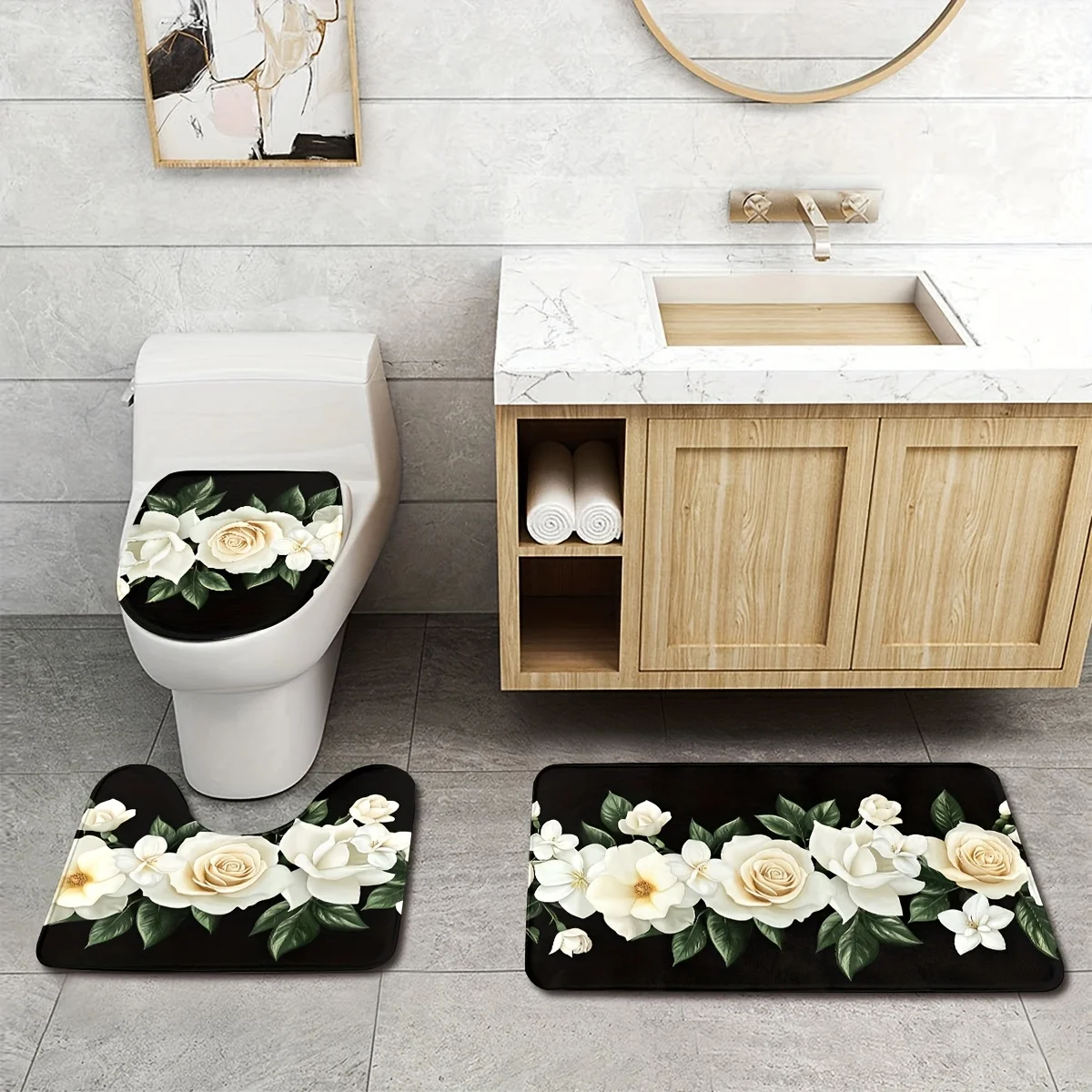 3-Piece Rose Valentine Bathroom Set - Machine Washable Polyester with Toilet Seat, U-Shaped Seat and Non-Slip Mat - Image 3