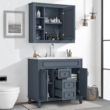 36" Bathroom Vanity with Integrated Resin Sink and Mirror Cabinet, Freestanding Single Basin Vanity Set with Storage Shelves Dra - Image 8