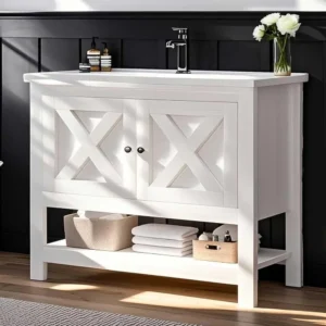 Farmhouse Bathroom Vanity with Sink, 35 Inch Bathroom Vanity Cabinet, Freestanding Vanity, 2 Doors and Open Shelf, Bathroom Cab