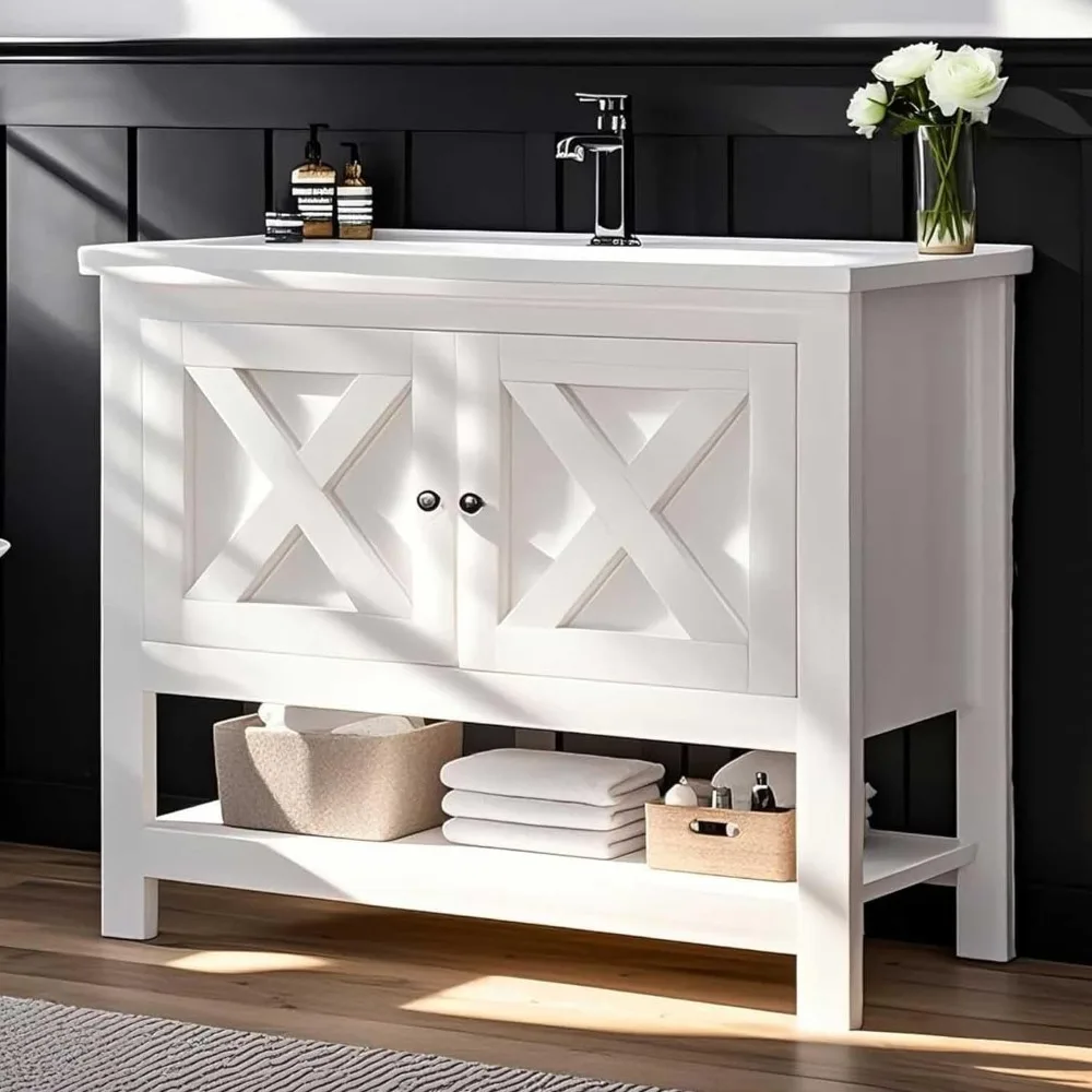 Farmhouse Bathroom Vanity with Sink, 35 Inch Bathroom Vanity Cabinet, Freestanding Vanity, 2 Doors and Open Shelf, Bathroom Cab