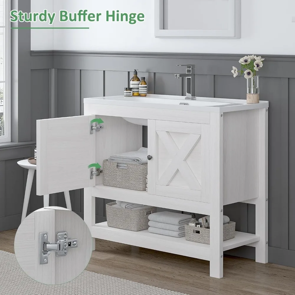Farmhouse Bathroom Vanity with Sink, 35 Inch Bathroom Vanity Cabinet, Freestanding Vanity, 2 Doors and Open Shelf, Bathroom Cab - Image 3
