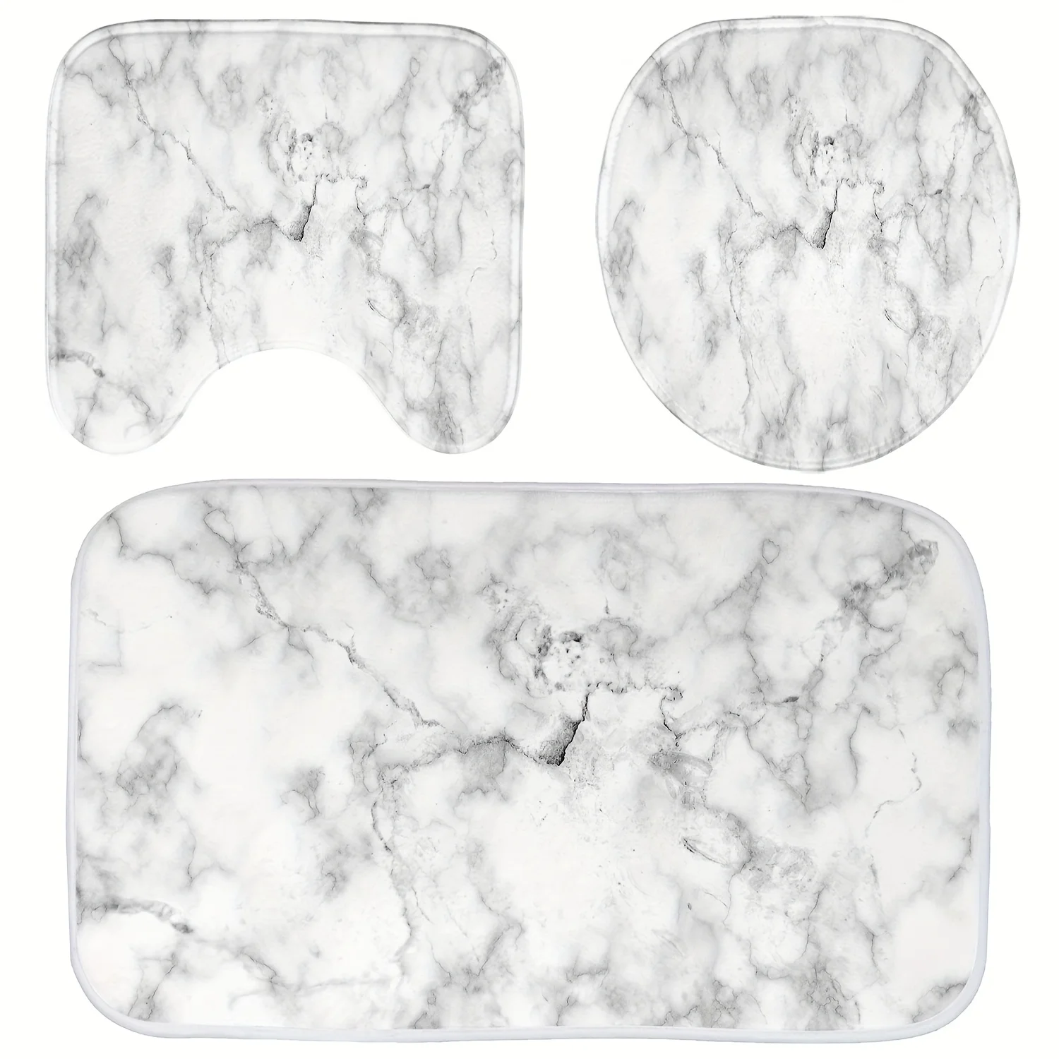 3-Piece Marble Print Bathroom Set - White and Gray, Machine Washable, Non-Slip Mat, Toilet Seat U-Shaped Mat, Polyester Fabric - Image 5
