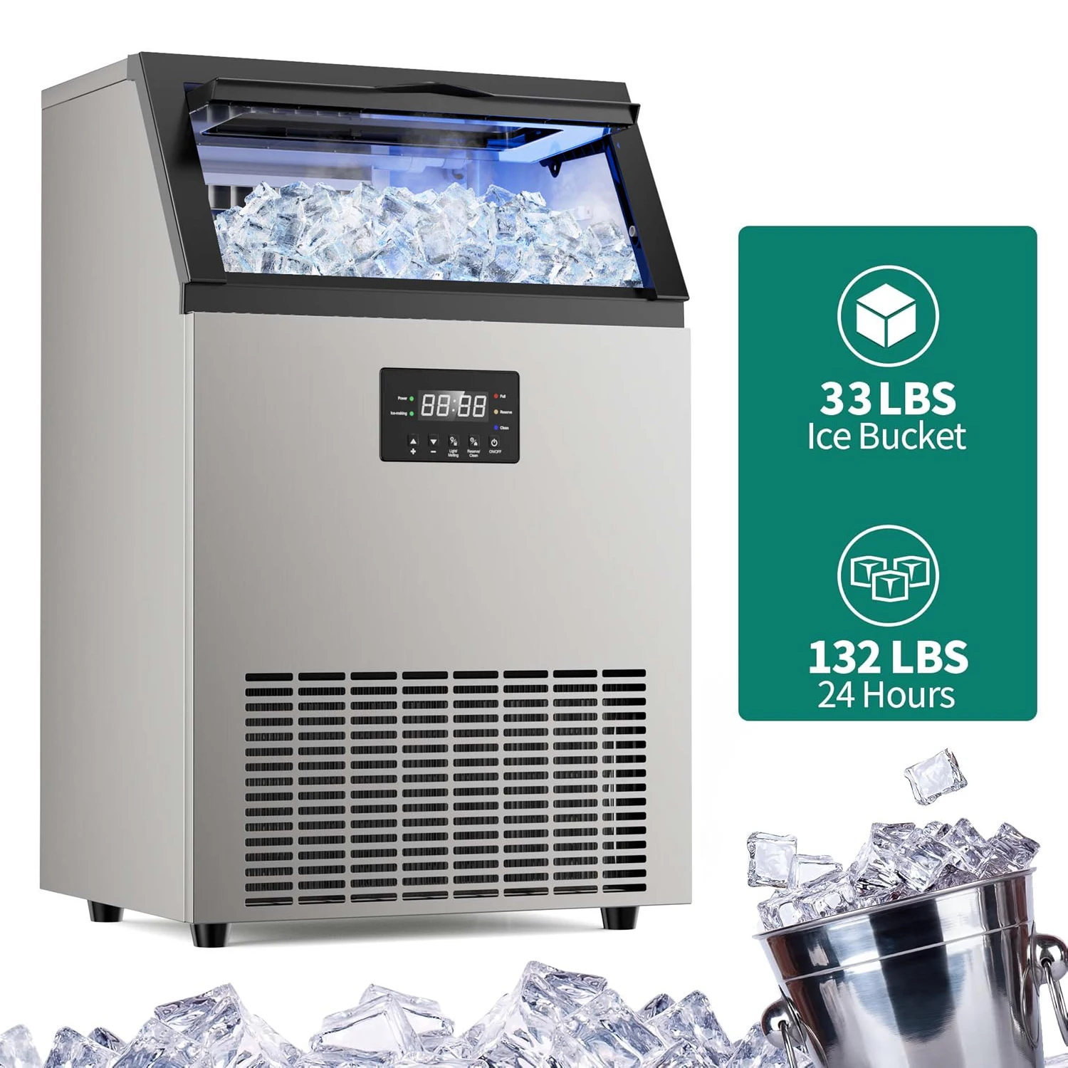 Commercial Ice Maker Machine Stainless Steel Under Counter Ice Maker with 34LBS Ice Bin Freestanding Ice Machine for Home Cafe - Image 8