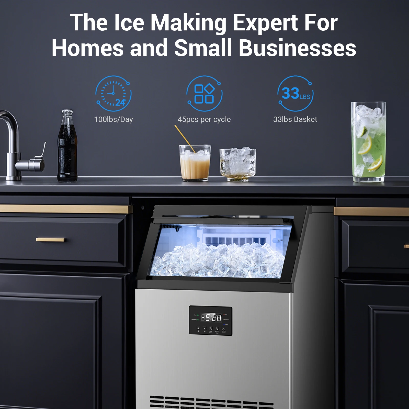 Commercial Ice Maker Machine Stainless Steel Under Counter Ice Maker with 34LBS Ice Bin Freestanding Ice Machine for Home Cafe - Image 7