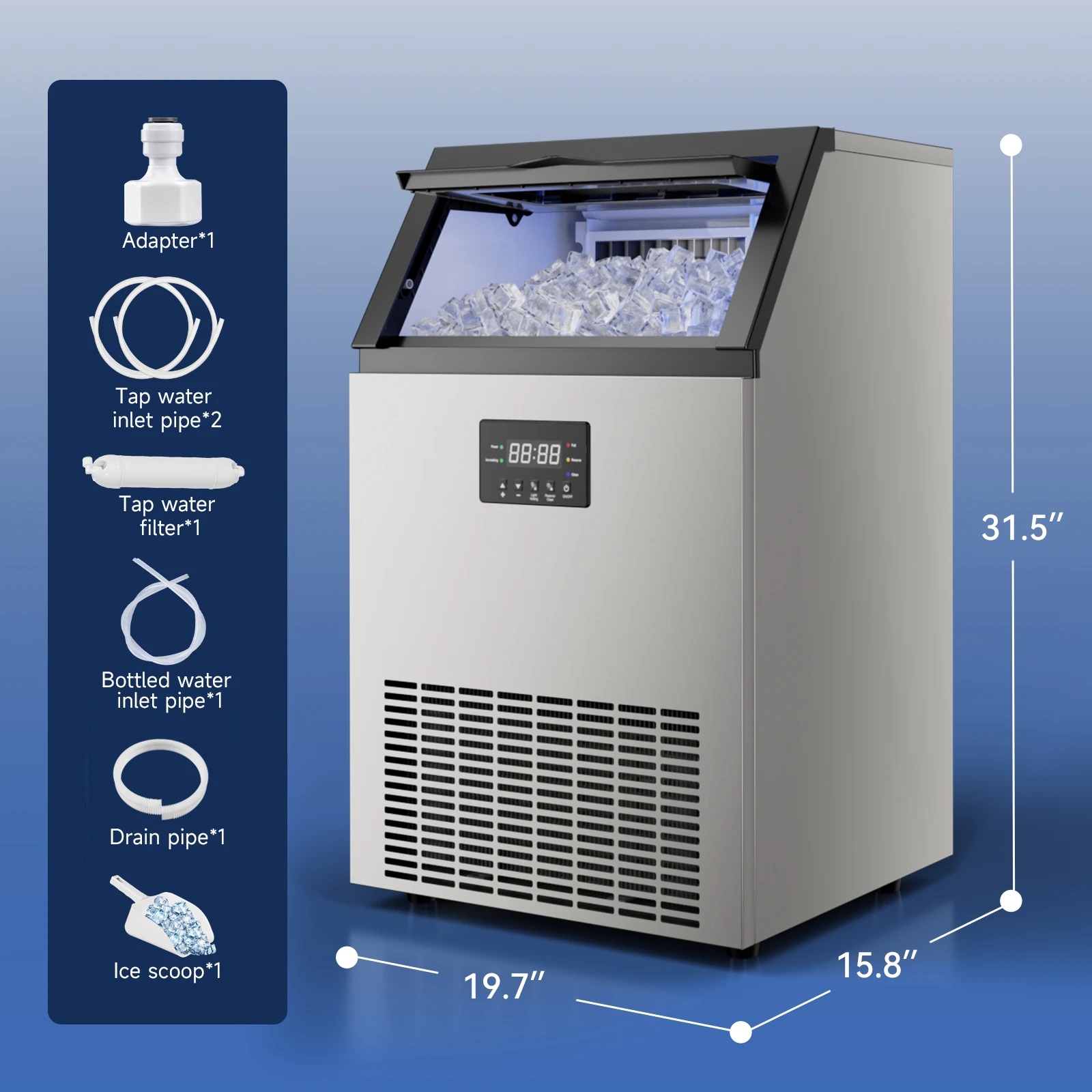Commercial Ice Maker Machine Stainless Steel Under Counter Ice Maker with 34LBS Ice Bin Freestanding Ice Machine for Home Cafe - Image 6