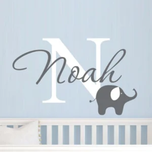 Elephant with boys name wall decal - Custom Boys Name Vinyl Wall Sticker - Baby Nursery Wall Decal Elephant