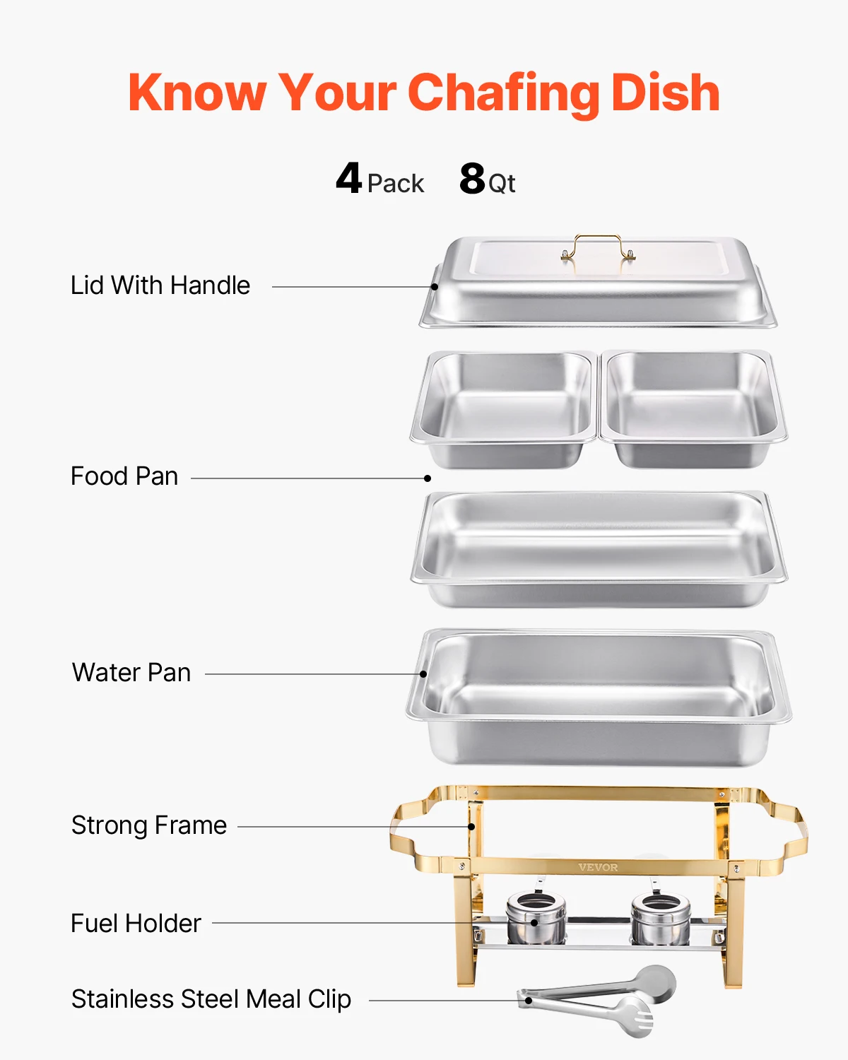 SucceBuy 8 Qt 4 Pack Chafing Dish Buffet Set Stainless Steel Chafer with 2 Full Size and 4 Half Size Pans Catering Warmer Server - Image 5