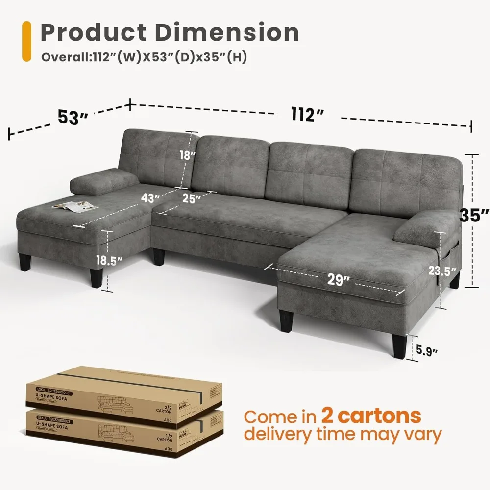 Convertible Sectional Sofa Couch, 112 Inch U Shaped Sofa with Double Chaise and Storage Bag, 4 Seat Sofa Set for Apartment, - Image 2