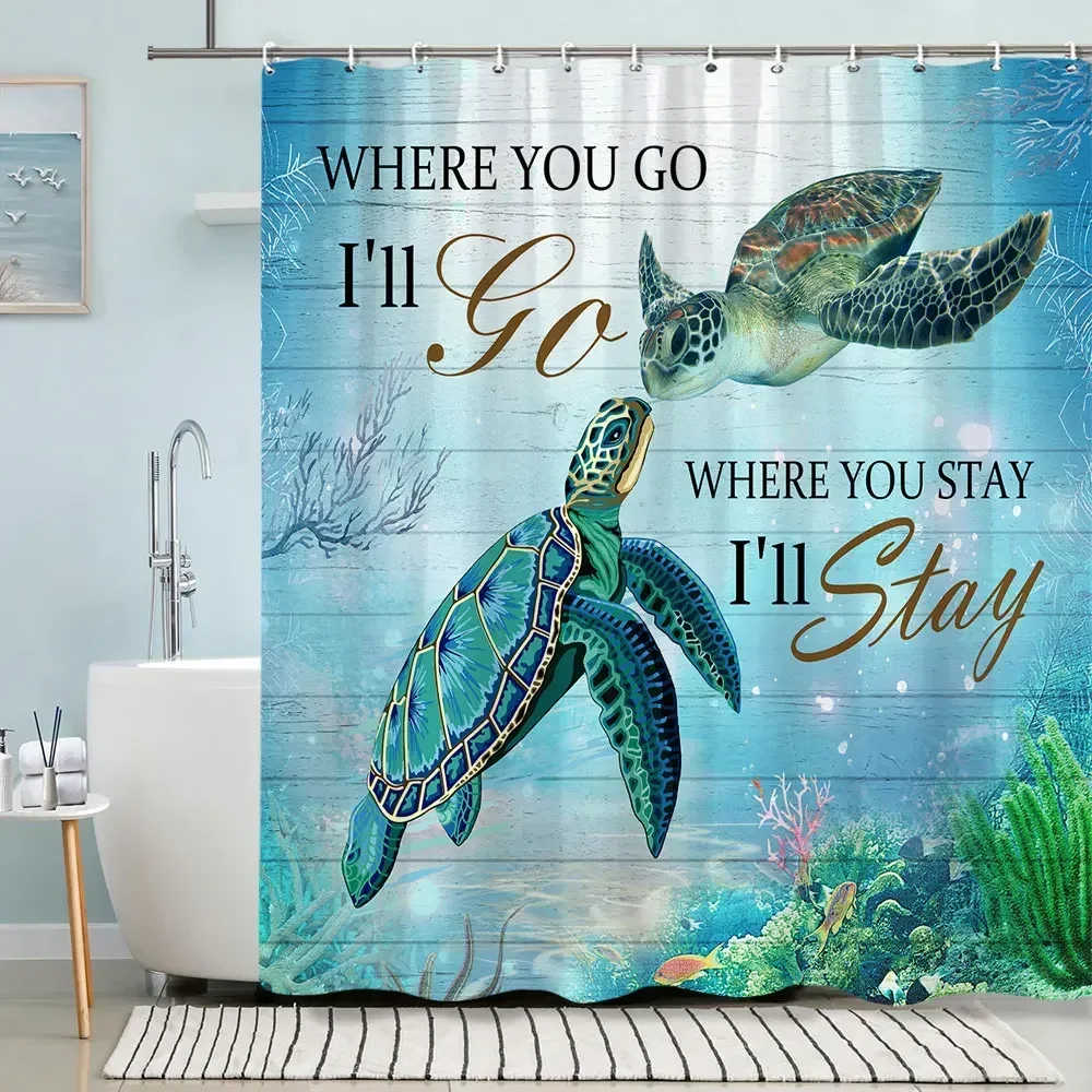 Turtle Shower Curtain Summer Beach Anchor Nautical Starfish Watercolour Art Creative Polyester Shower Curtains Bathroom Decor - Image 5