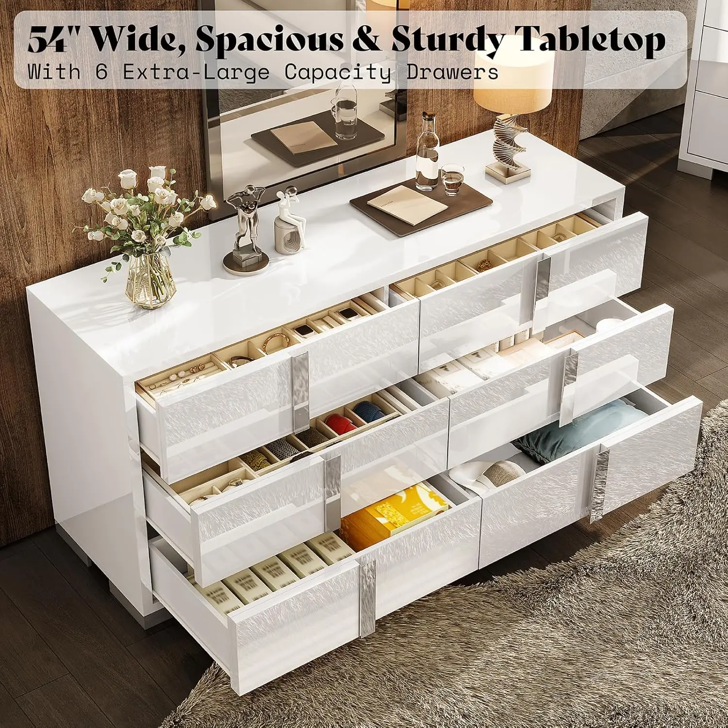 Modern 54" Wide High Gloss Dresser with 6 Drawers, Silver Grooved Handle, Contemporary Storage Chest for Bedroom - Image 6