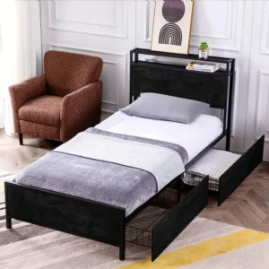 Twin XL Bed Frame with 2 Storage Drawers Platform Bedframe with Storage Headboard Strong Metal Slat port No Box Spring Needed E