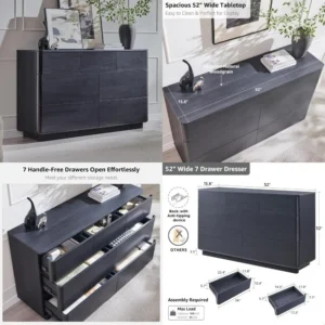 Modern Large Wood Storage Dresser with 7 Drawers, Push-to-Open Functionality, Curved Profile, and Handleless Design for Bedroom