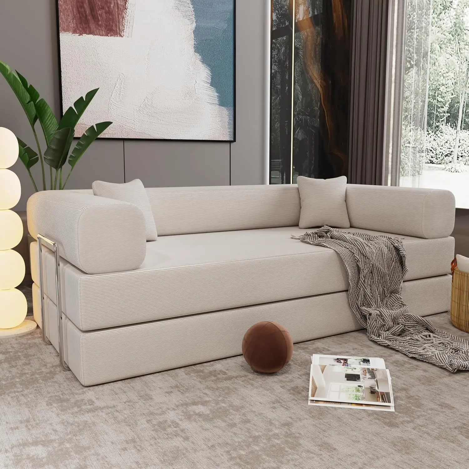 78.7" Modern Corduroy Loveseat Sofa Bed with 2 Toss Pillows, Convertible Lazy Floor Sleeper Sofa Couch with High-Density Sponge - Image 7