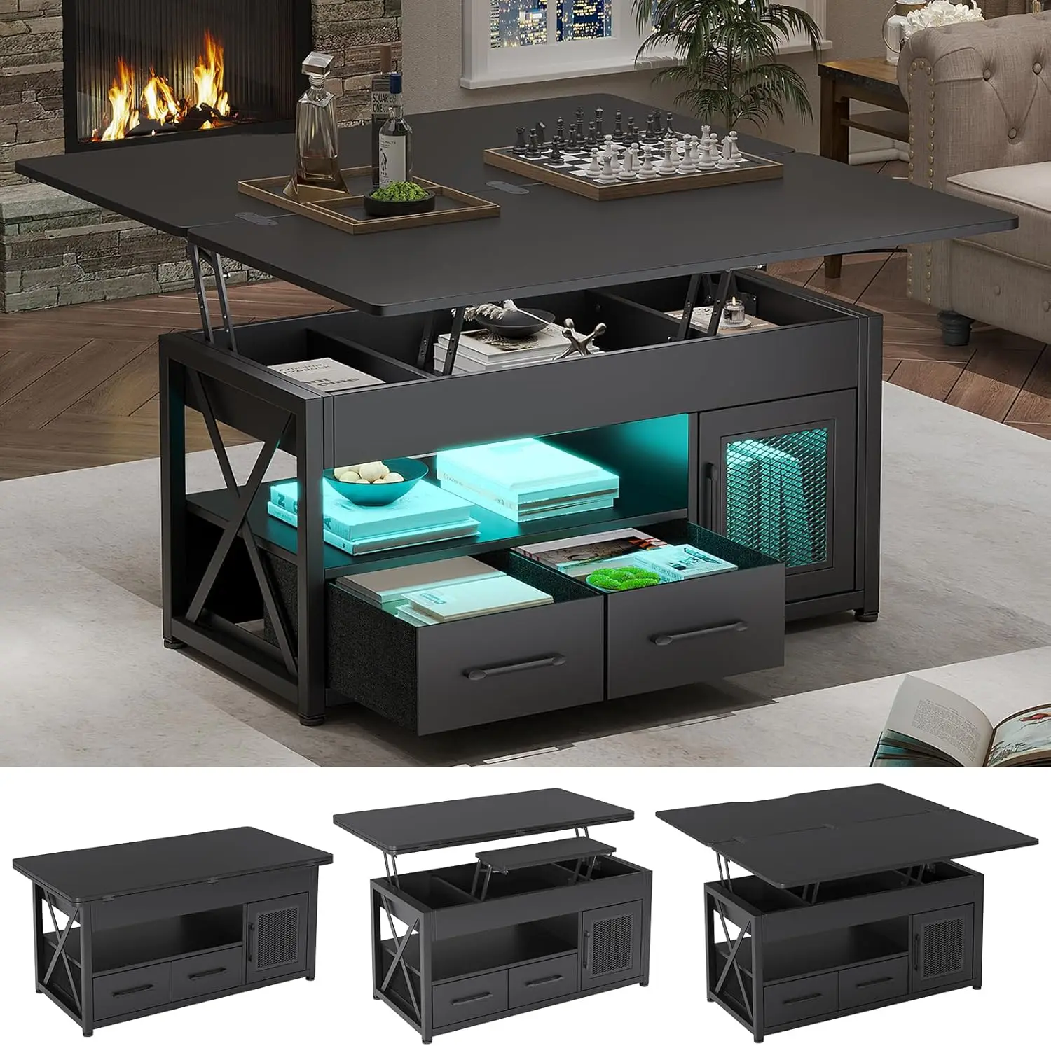 40" Lift Top Coffee Table, 4 in 1 Coffee Tables with Storage Cabinet for Living Room, Small Farmhouse Coffee Table with 2 - Image 8